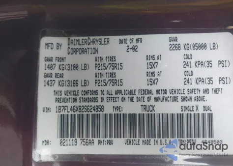 2002 Dodge Dakota Slt from USA, damaged, VIN 1B7FL46X82S624858